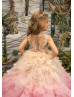 Beaded Ivory Lace Pink Tulle Ruffle Flower Girl Dress